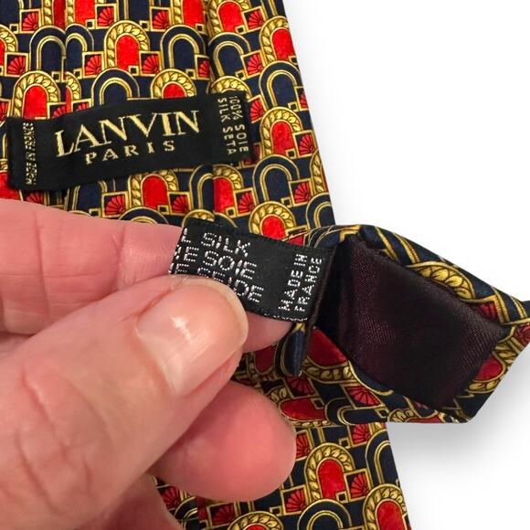 LANVIN Paris Neck Tie Vtg 100% Silk Made in France Geometric Navy Blue Red Gold - Picture 6 of 9
